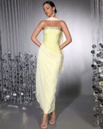 Diamond Studded Lime Drape Gown with Scarf