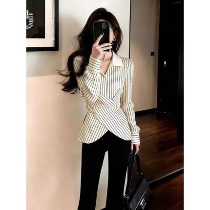 Ivory Stripped Wrap Shirt