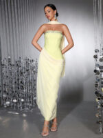 Diamond Studded Lime Drape Gown with Scarf - Image 6