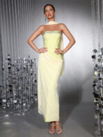Diamond Studded Lime Drape Gown with Scarf - Image 5