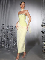 Diamond Studded Lime Drape Gown with Scarf - Image 3