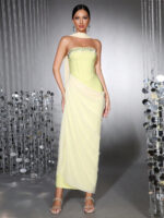 Diamond Studded Lime Drape Gown with Scarf - Image 2